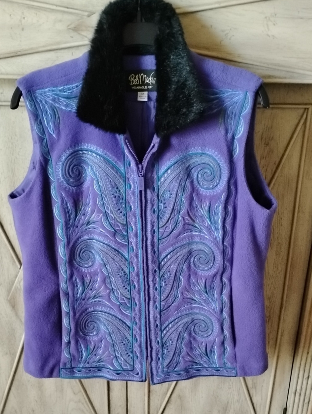 Purple Embroidered Sleeveless vest with Black Fur Collar